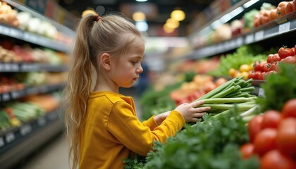Little girl in yellow shirt picks fresh green celery in grocery store produce aisle. Child looks intently at healthy food display. Family shopping for organic groceries at market.