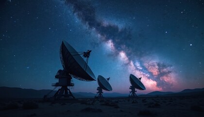 Large satellite dishes stand against sky at night. Milky Way shines above radiotelescopes at dusk. Ground based communication stations transmit, receive signals in darkness. Scientific research of