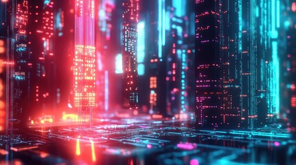 Cyberpunk cityscape representing data flowing through circuit boards