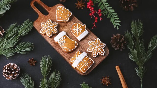 Gingerbread cookies with festive icing arranged on wooden board with pine branches and decorations