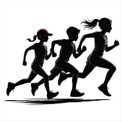 Silhouettes of three children running with a red cap