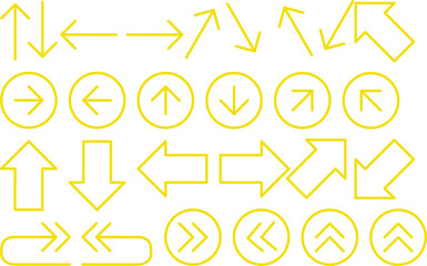 Yellow outlined arrow icons in various directions and styles, including circular arrow symbols, bold arrows, and curved designs, creating a versatile navigation graphic set.
