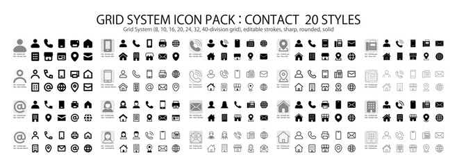 A unified contact icon set (20 styles included), featuring a grid and keyline, meticulously designed,Editable strokes,Grids used: 8,10,16,20,24,32,40-division grid.