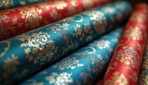 Close-up of stacked fabric rolls. Red and teal textiles feature intricate gold floral patterns. Luxurious material for sewing or home decor projects.