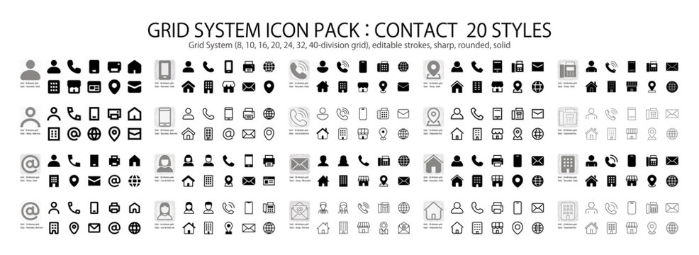 A unified contact icon set (20 styles included), featuring a grid and keyline, meticulously designed,Editable strokes,Grids used: 8,10,16,20,24,32,40-division grid.