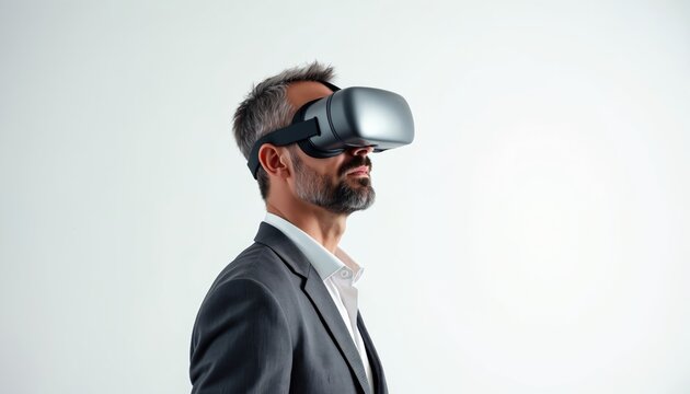 Mature businessman wears VR headset exploring digital world. Man in suit uses virtual reality device for future business and innovation. Technology advances virtual experience.