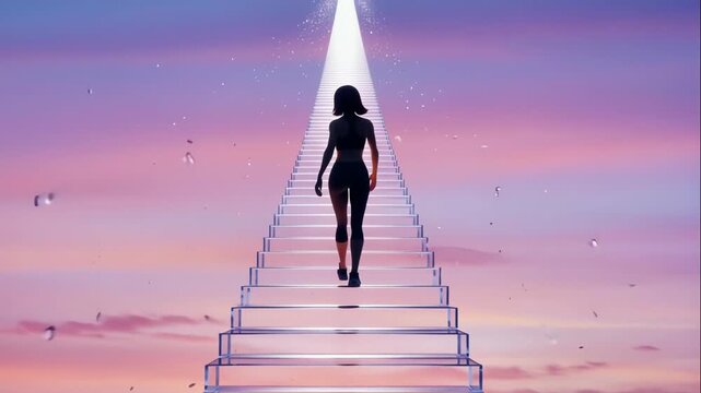 Women's figure heads towards sunrise, lone adventurer proceeds over luminous stairs beneath gentle clouds, evening traveler climbs as dark silhouette moves toward morning light amidst soft clouds