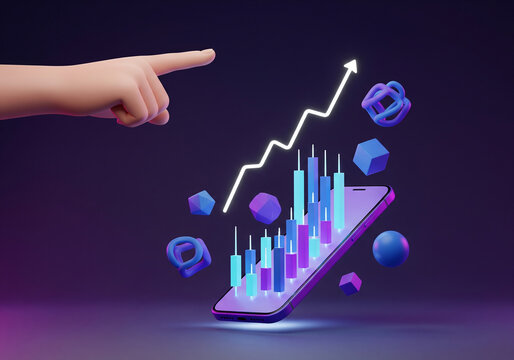 Hand pointing to smartphone financial data growth chart