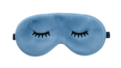 Soft blue plush sleep mask with embroidered closed eyes for comfortable rest, relaxation, and travel on the transparent background