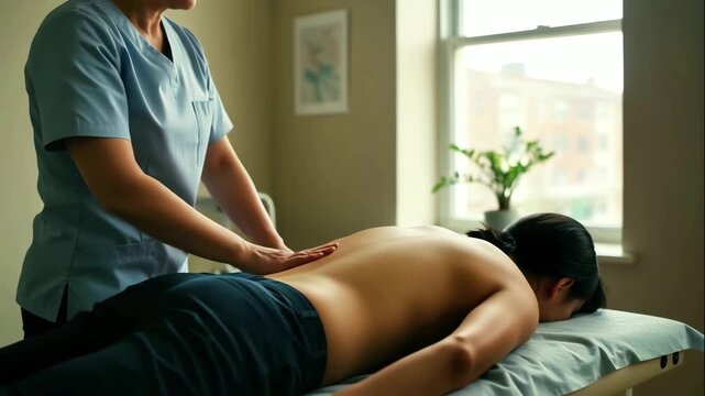 Relaxing massage session, calm setting with gentle hands easing shoulder tension and stress, relaxing treatment where therapist skillfully alleviates muscular ache in peaceful clinic ambiance