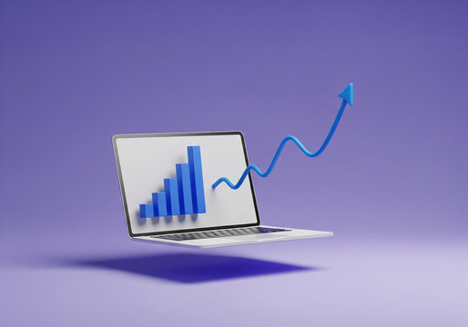 Laptop with rising bar chart and arrow for business growth