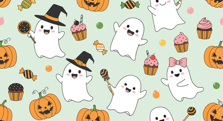 Playful and festive Halloween seamless pattern with cute cartoon ghosts, carved pumpkins, sweet treats, and colorful candies on light green.