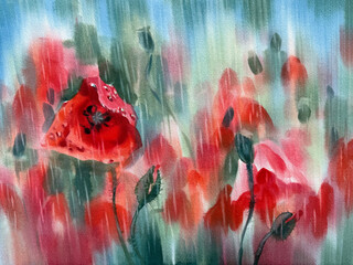 Red poppies field in the rain abstract watercolor background