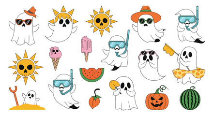 Fototapeta premium Whimsical cartoon ghosts enjoying summer vacations and hinting at Halloween with fun seasonal elements.