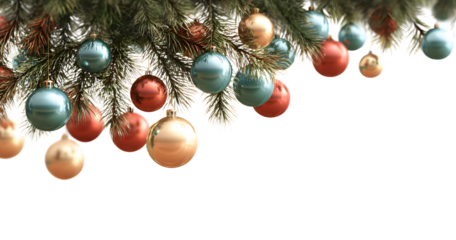 decorative balls on fir tree, Christmas garland isolated on transparent background
