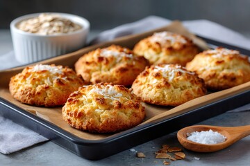 Fototapeta premium Freshly baked coconut macaroons on a baking sheet