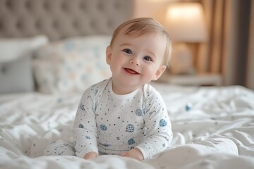Fototapeta premium Happy baby smiling on bed wearing pajamas