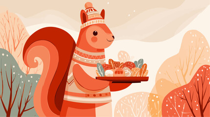A squirrel baker holding a tray of gingerbread cookies with space for text for festive food packaging and holiday branding