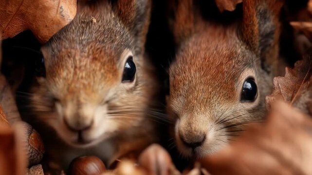 Close up of two squirrels peering out from autumn leaves