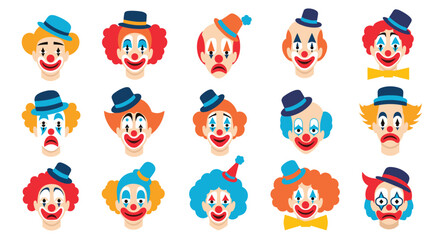 A diverse collection of colorful clown faces displaying various emotions and styles, featuring classic circus makeup, wigs, and hats.
