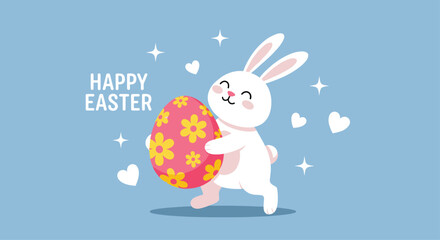 A cute white Easter bunny with a happy expression joyfully carries a vibrant pink egg decorated with yellow flowers on a blue background.