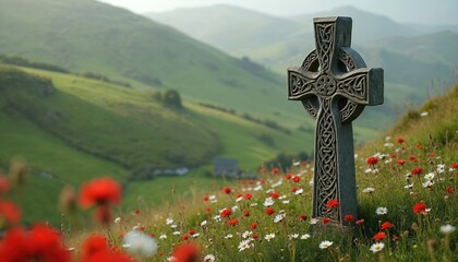 Ancient celtic stone cross stands in green irish hills with red and white wildflowers. Remote building nestled in valley below rolling green landscape. Foggy mountain backdrop, tranquil nature scene.