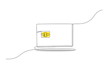Minimal continuous one-line illustration of a digital chip card with a clean curved line, representing modern electronic identity, secure payments, and digital financial access. Editable stroke