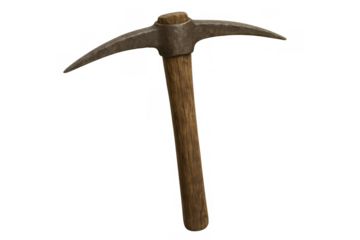 Pickaxe with wooden handle and steel head, a tool for mining, excavation, and construction, transparent background