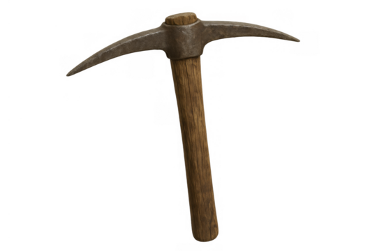 Pickaxe with wooden handle and steel head, a tool for mining, excavation, and construction, transparent background