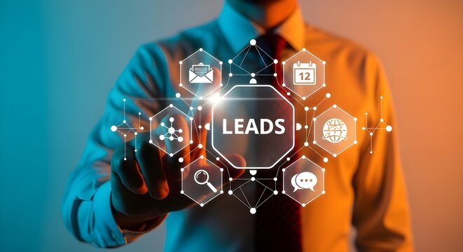 Man in shirt touching a digital interface displaying the word "LEADS" surrounded by various icons representing communication and data.