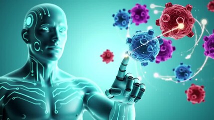 An android figure interacts with floating virus cells, set against a teal background. The image conveys themes of technology and health, exploring medical innovation. - Powered by Adobe