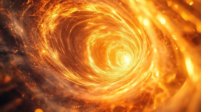 Fiery wormhole traveling through swirling cosmic energy vortex
