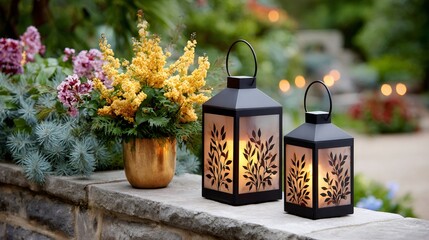 Decorative lanterns illuminating garden terrace evening ambiance
