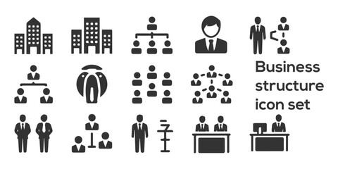 Comprehensive business structure icon collection showcasing corporate hierarchy, teamwork, leadership, office roles, and organizational management in modern professional design