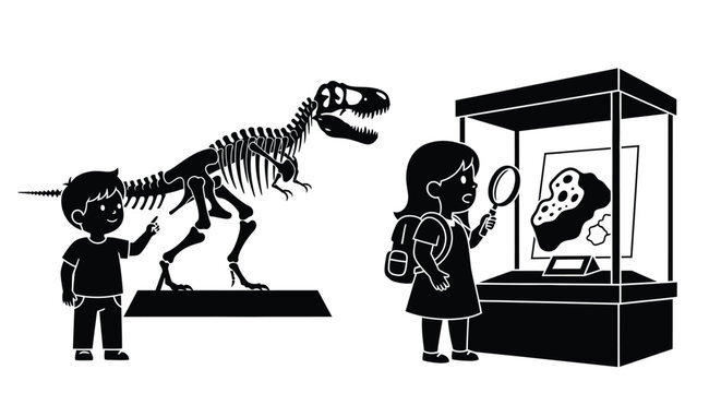 Children at museum looking at dinosaur skeleton and rock exhibit - Powered by Adobe