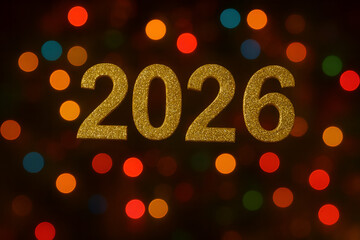 Golden 2026 Numbers with Colorful Bokeh Lights