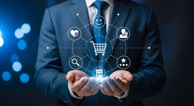 Businessman in suit presents a digital shopping cart surrounded by icons representing customer service, search, and satisfaction.