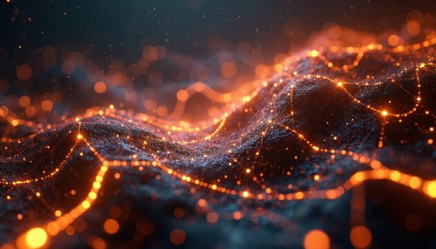 Abstract digital network grid with glowing orange nodes and lines. Futuristic data flow pattern on dark textured surface, represents connectivity and science.