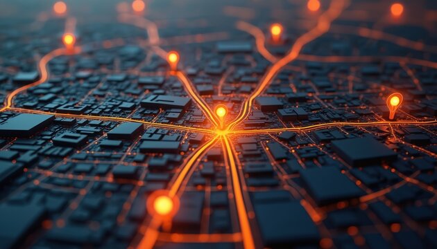 Abstract glowing map with orange pins shows city routes. Digital network connects locations on dark background. Futuristic urban planning tech visual.