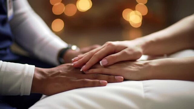 A close up shows interlocked hands conveying love and support with warm soft focus lighting, perfect for themes of intimacy, comfort, and relationship well being.