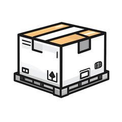 Pixel Art Cardboard Box on Wooden Pallet With Shipping Labels And Symbols Illuminated By Soft Lighting Isolated On White Background