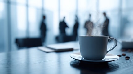 Coffee Cup on Table Meeting in Background Business Break Concept. High quality