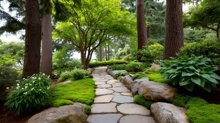 Stone path winding through a lush green garden