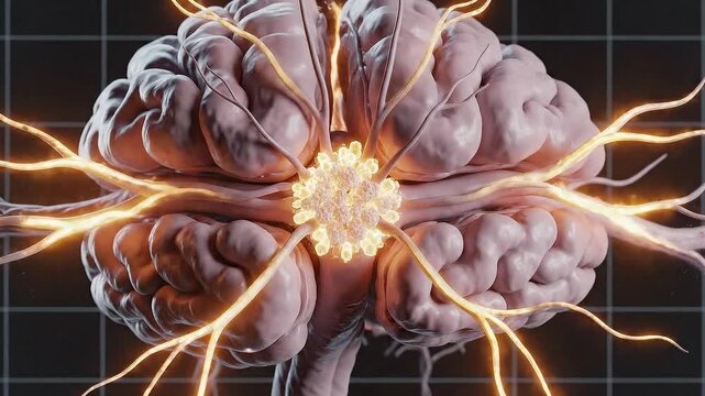 Detailed 3D Medical Animation of Human Brain Neural Network Activity with Electrical Impulses and Pulsating Light on a Dark Grid Background