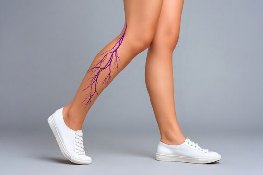Woman showing varicose veins on leg concept walking