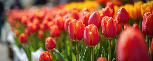 Bright red and orange tulips bloom in large quantities at an outdoor flower market stall. People browse flowers creating a vibrant spring scene for purchase and gifting.