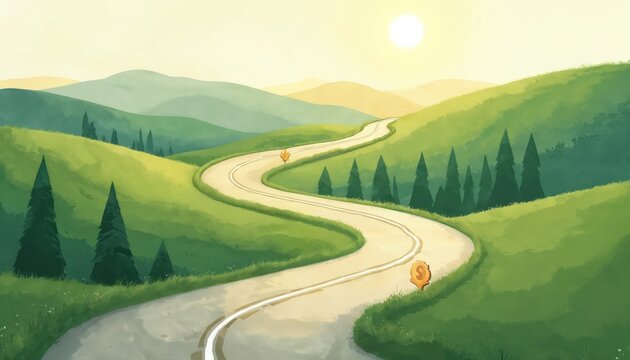 Winding road with golden coin milestones goes through green rolling hills, tall pine trees. Bright sun shines over financial journey showing progress, investment path. Illustration portrays wealth