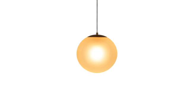 A modern pendant light with a round shade, soft warm glow and subtle shadow beneath, isolated on transparent background.