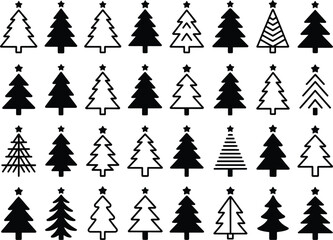 Black & White Christmas Tree Icons Set – Minimal Evergreen Line & Solid Holiday Shapes