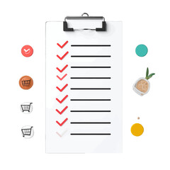 Checklist with Red Ticks on White Paper Clipboard Featuring Shopping Cart Icons and Round Colored Dots Against a White Background